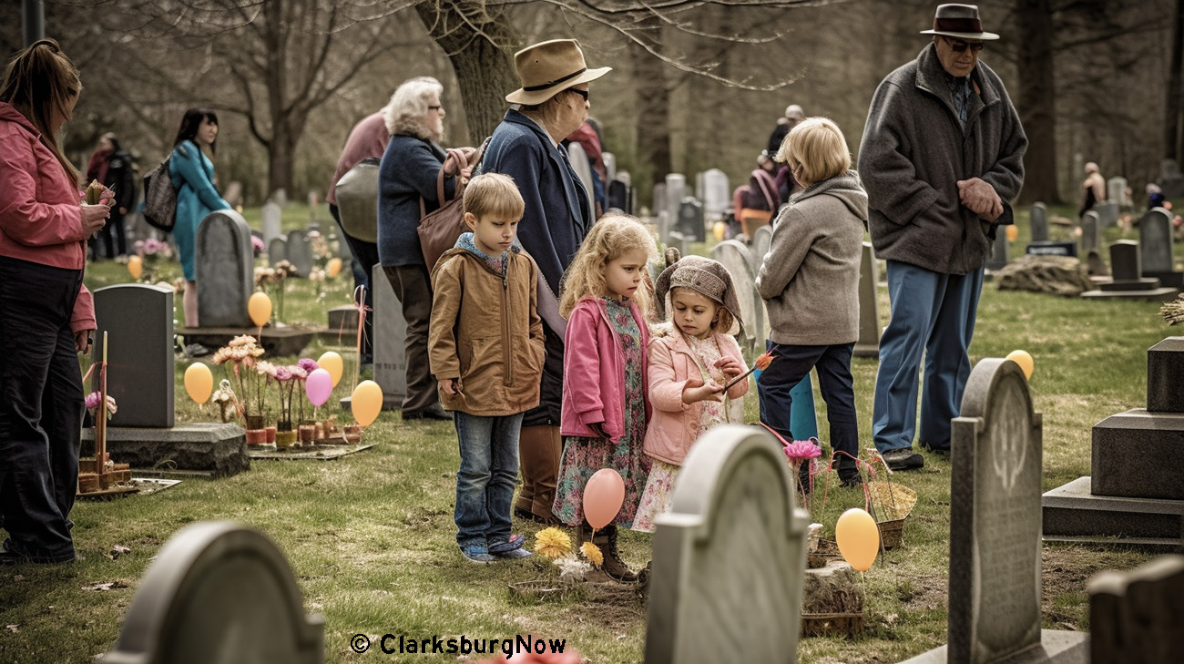 A Family at an Easter egg hunt in a cemetery