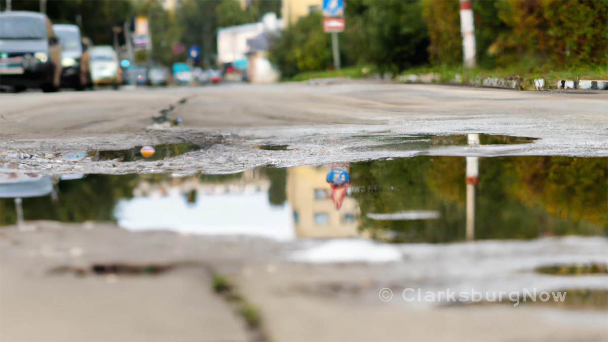 A downtown pothole filled with rainwater