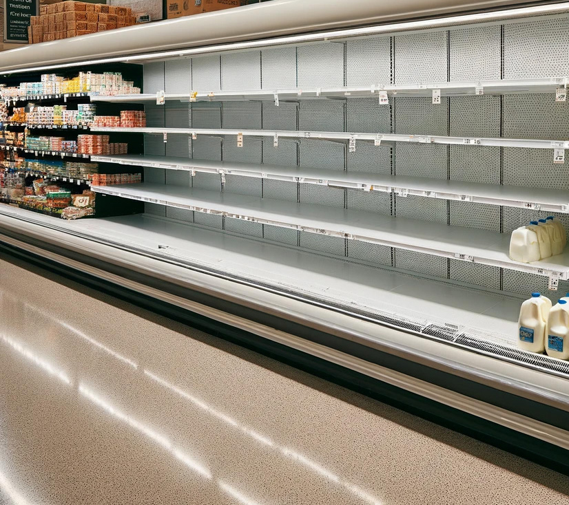 Photo of a grocery stores empty milk shelf